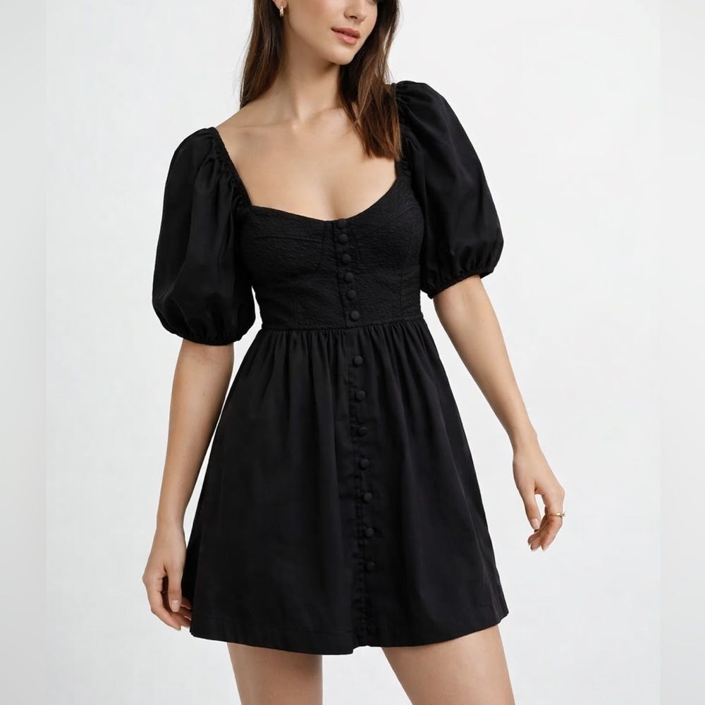 Anthropologie Maeve Puff Sleeve Mini Dress Womens Xs Black Sweetheart Date Night